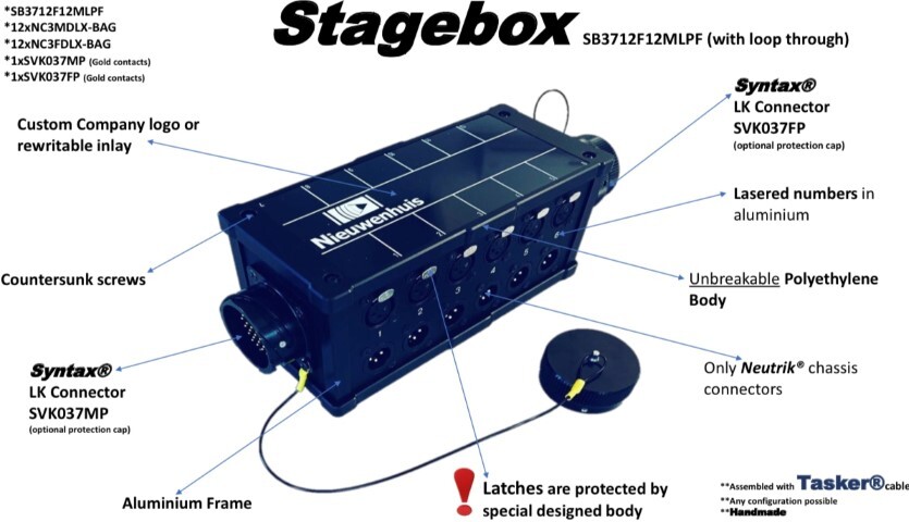 Tasker®Live Stagebox  -  Breakoutbox with  Neutrik® 12 NC3 FDLX - BAG  - Syntax® 1 MP connectors and Tasker® cable. Article  SB3712F12MLPF