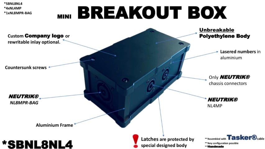 Tasker®Live Mini - Breakoutbox Geïnstalleerd  Neutrik® 4 NLMP + NL8MPR connectors en Tasker®kabel. Artikel SBNL8NL4