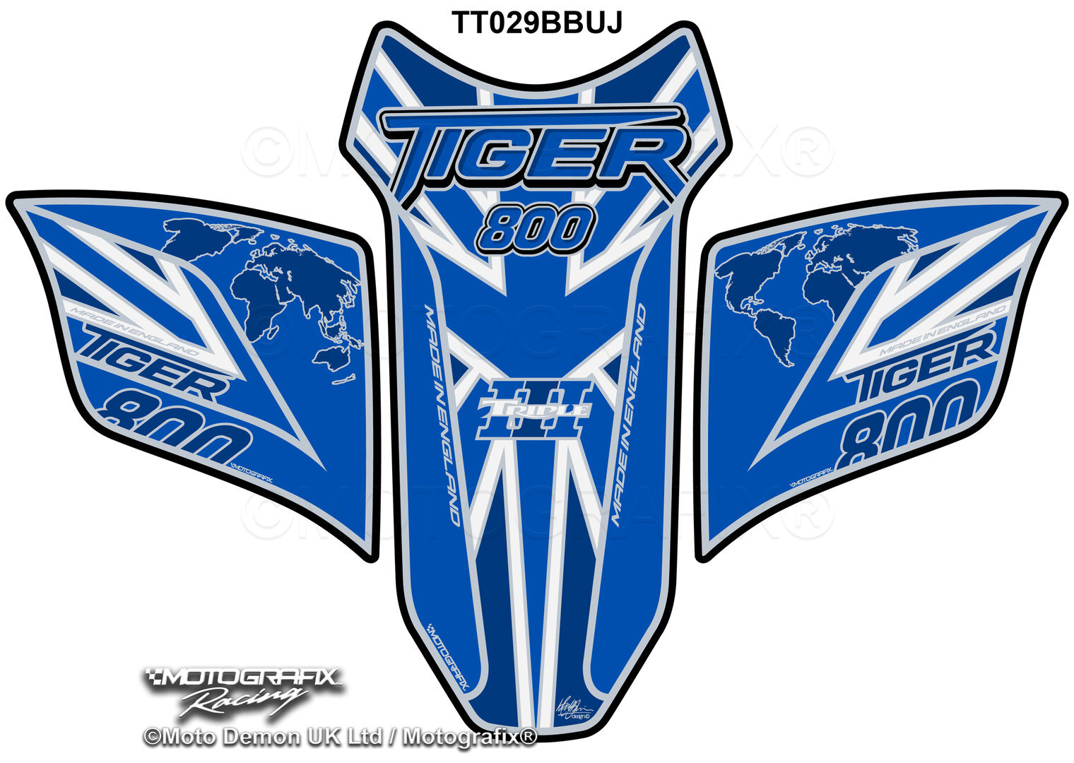 Triumph Tiger 800 2010 - 17 Blue White Motorcycle Tank Pad Protector Motografix 3D Gel TT029BBUJ
