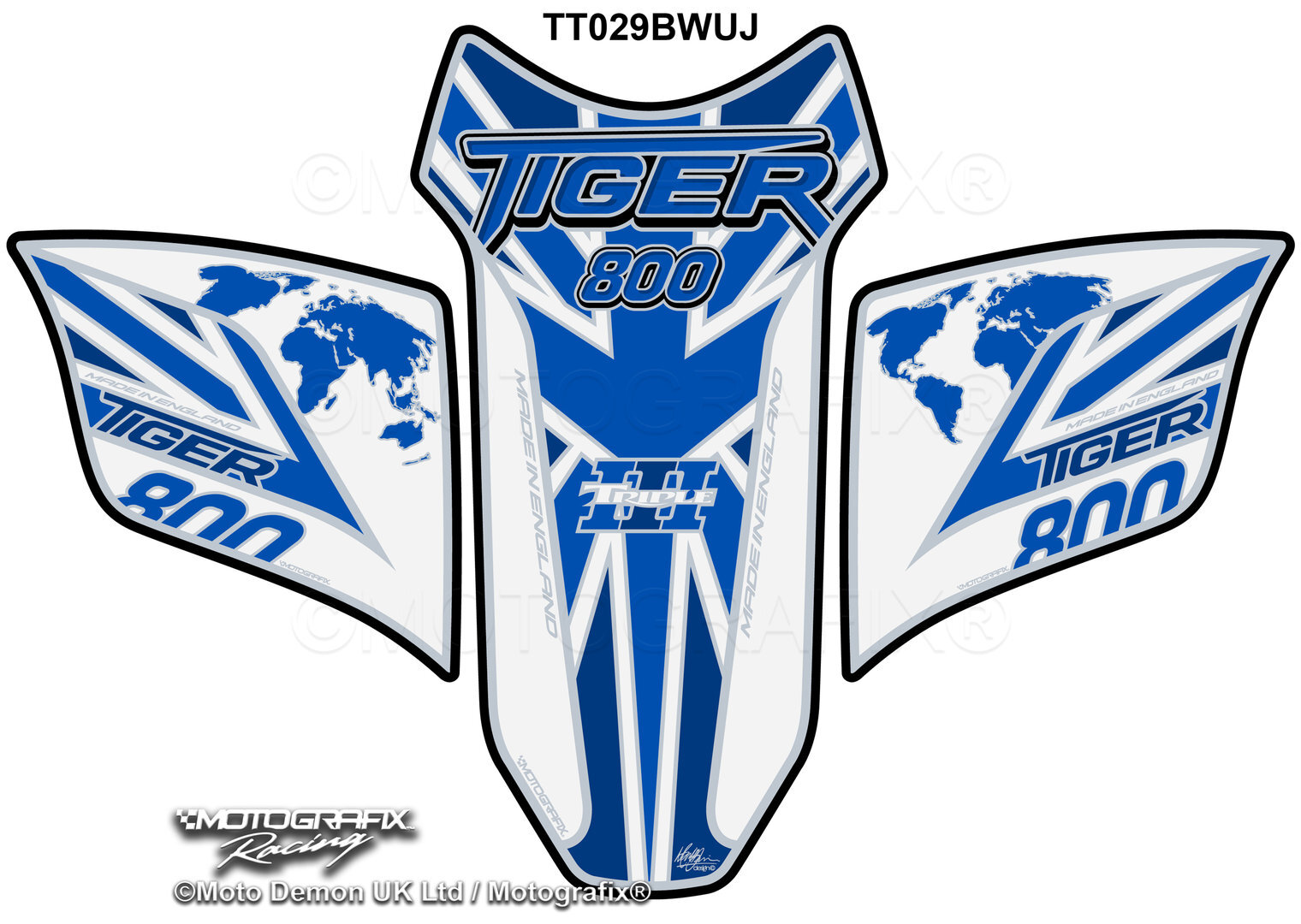 Triumph Tiger 800 2010 - 17 Blue White Motorcycle Tank Pad Protector Motografix 3D Gel TT029BWUJ