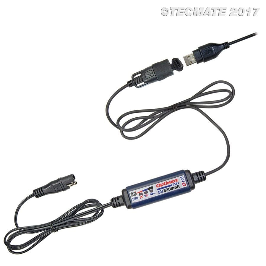 TECMATE OPTIMATE O-108 USBcharger with battery auto protect off, weatherproof, SAE, in & out cables.