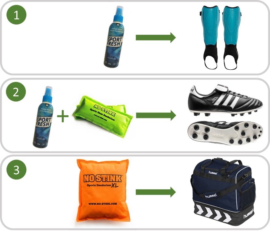 producten tegen stinkende voetbalschoenen scheenbeschermers en voetbaltas