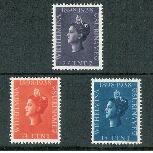 Suriname 1938 Jubileumzegels Koningin Wilhelmina