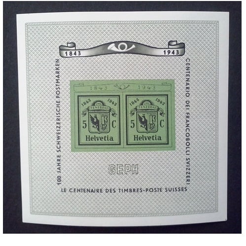 Zwitserland 1943  blok 100 jaar Zwitserse postzegel