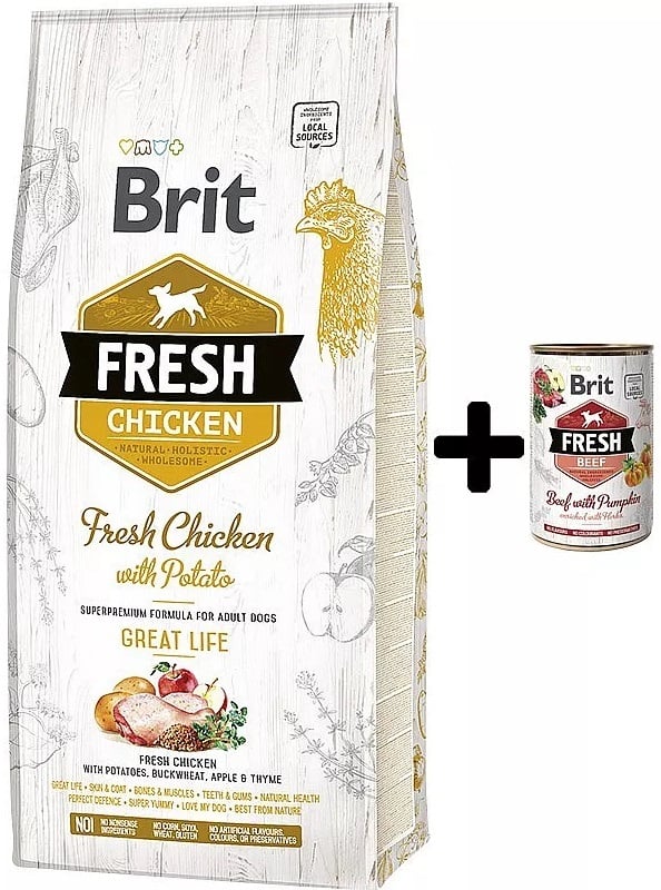 Brit Fresh Kip met aardappel Adult Great Life 12kg + blik