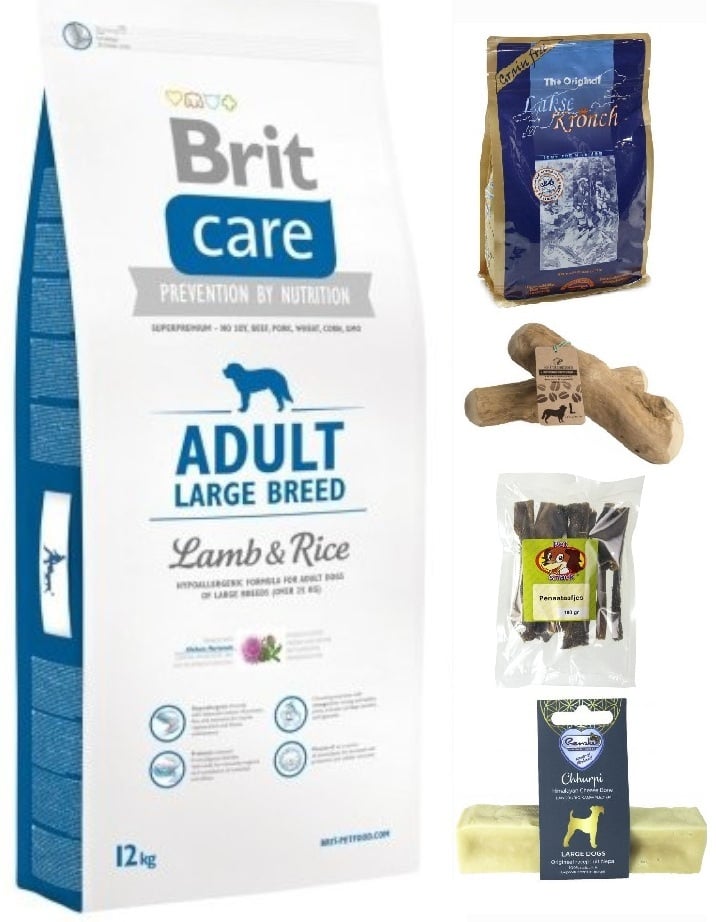 Brit care adult large breed >25kg lam&rijst compleet pakket 12kg + pens/ zalm snacks /koffieboomwortel/ yak kluif Large