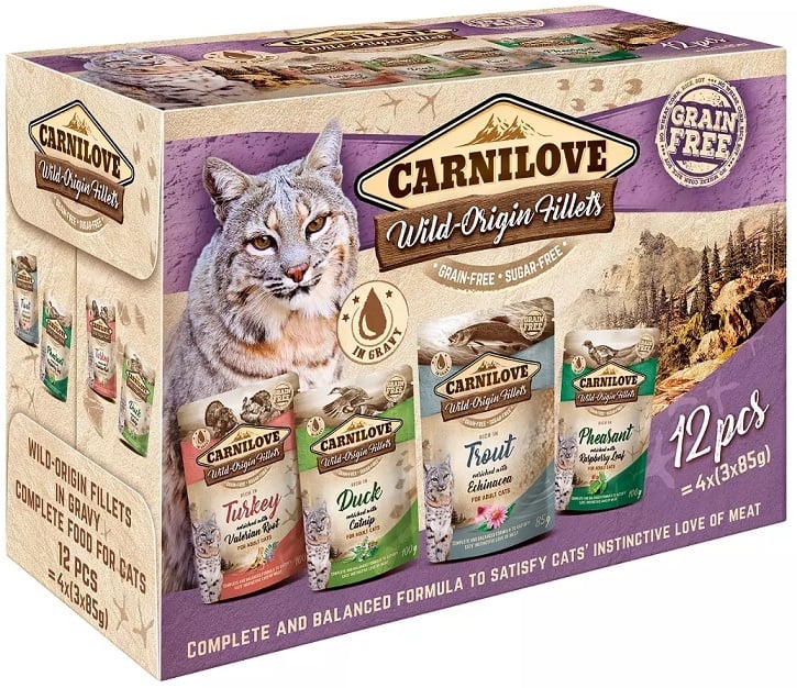 Carnilove cat pouches 12 stuks (4x3x85gram) Kalkoen/Duck/Forel/Fazant multipack