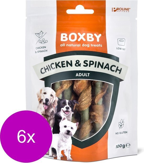 ACTIE Proline Boxby Chicken/Spinach Sticks 100 g - Hondensnacks - 6 x Kip&Spinazie