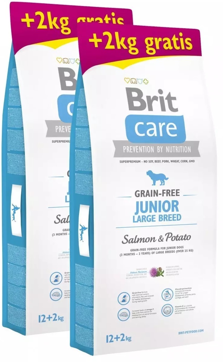 Brit care graanvrij junior large breed >25kg zalm&aardappel 2x12kg dubbelpack + 4kg gratis!