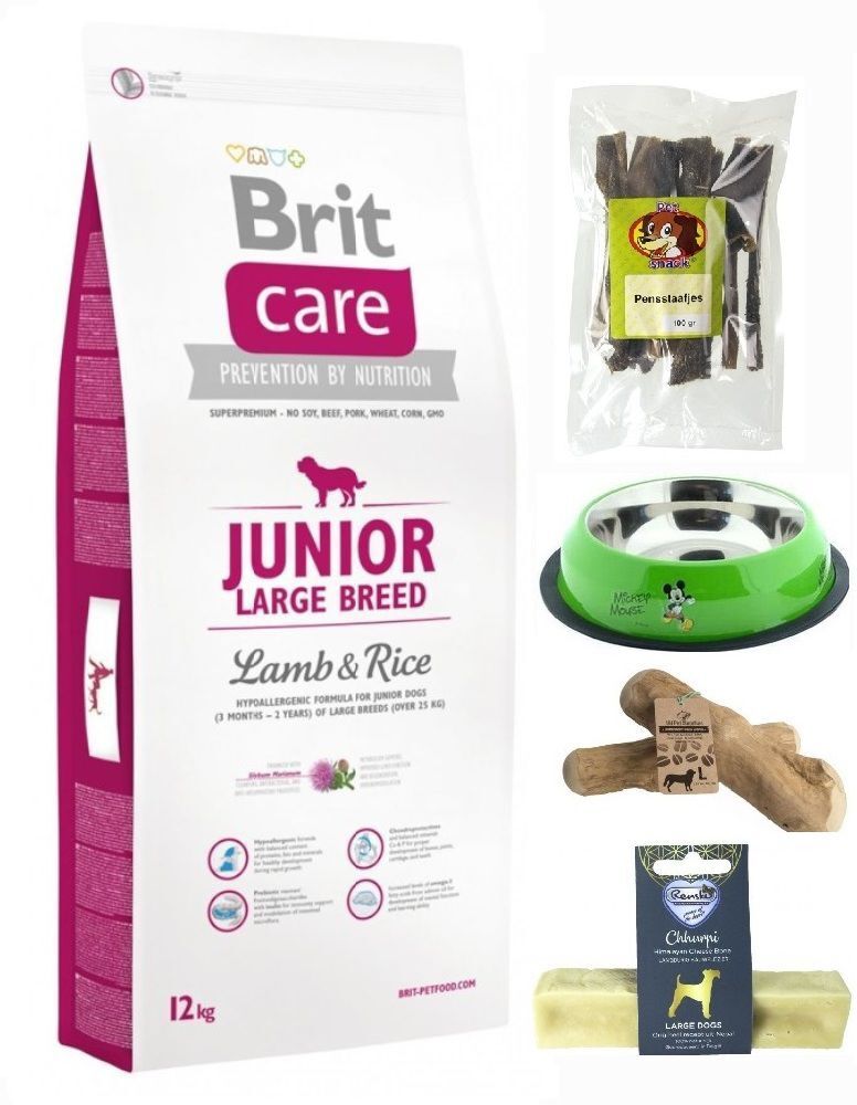 Brit care junior large breed lam bundel12kg pens/voerbak/koffieboomwortel/yak kluif large