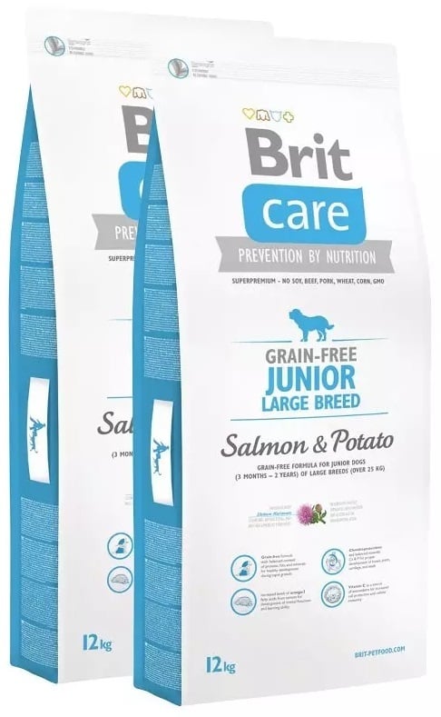 Brit care graanvrij junior large breed >25kg zalm&aardappel 2x12kg dubbelpack + bonus