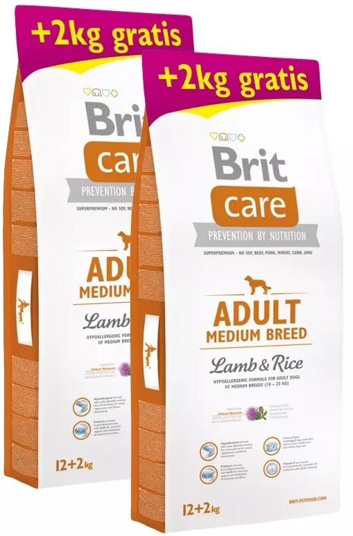 Brit care adult medium breed Lam&rijst hypo allergeen 2x12kg + 4kg gratis