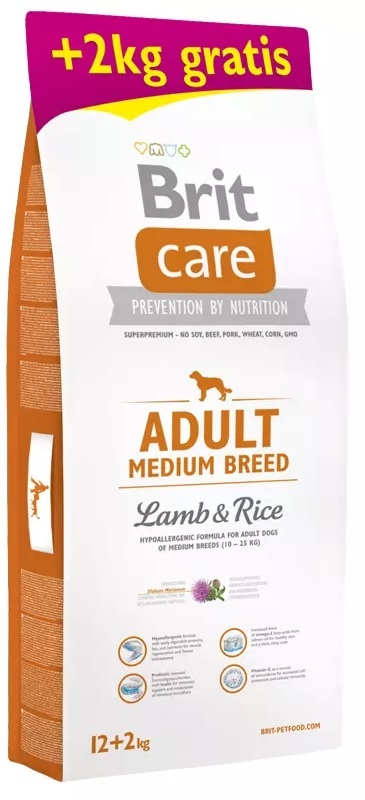 Brit care adult medium breed 10-25kg Lam&rijst hypo allergeen 12+2kg gratis