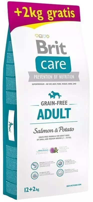 Brit care graanvrij adult 1-25kg zalm&aardappel hypo allergeen 12+2kg gratis