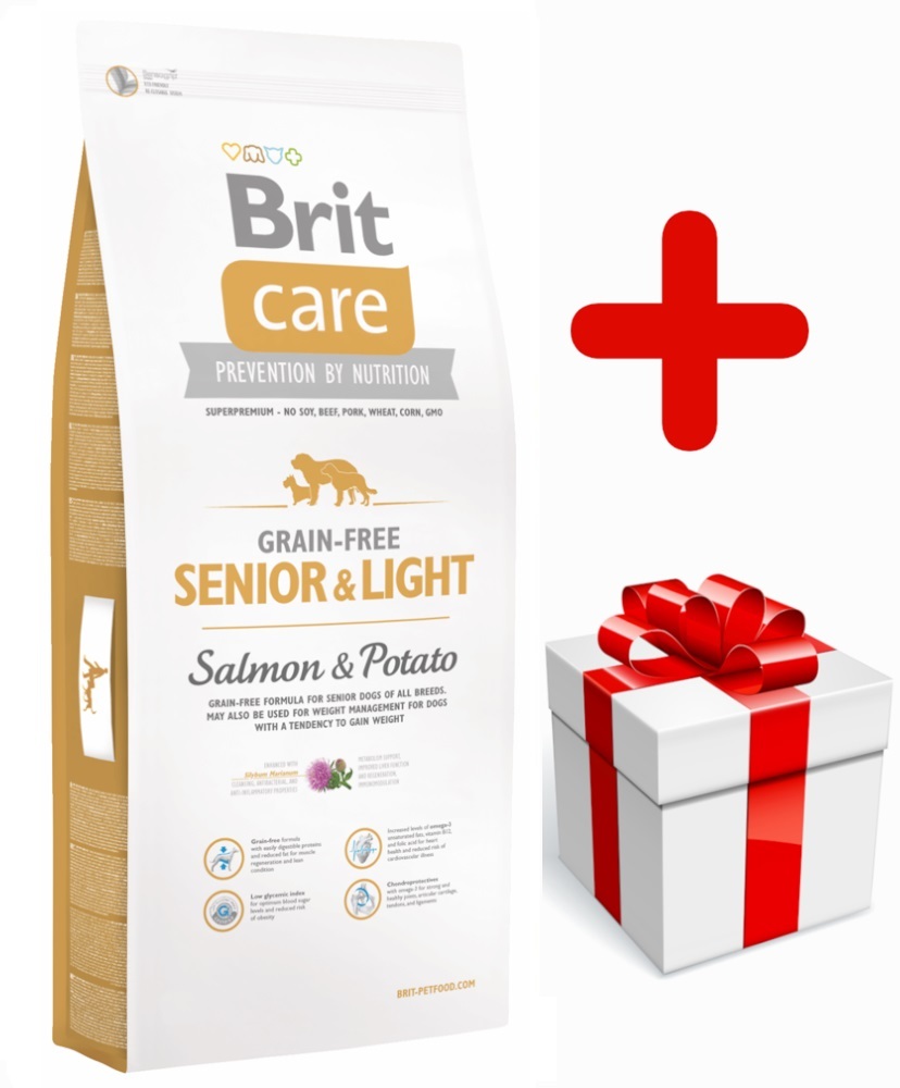 Brit care graanvrij Senior&light Zalm&aardappel hypo allergeen 12kg + cadeau