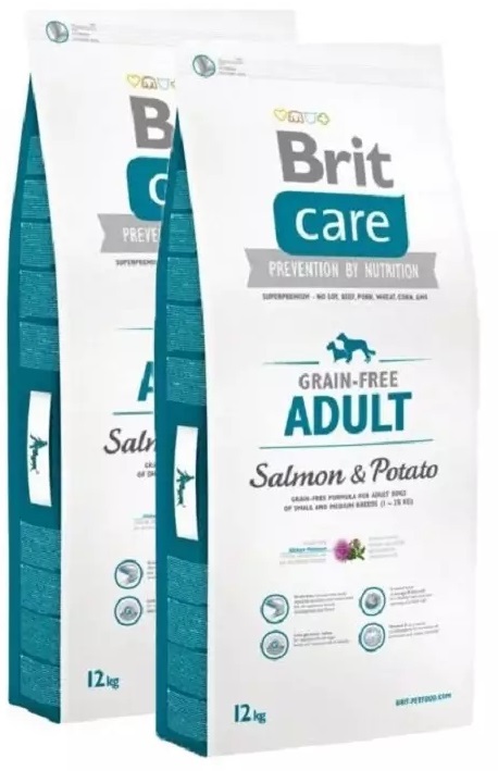 Brit care graanvrij adult 1-25kg zalm&aardappel (2x12kg) + bonus