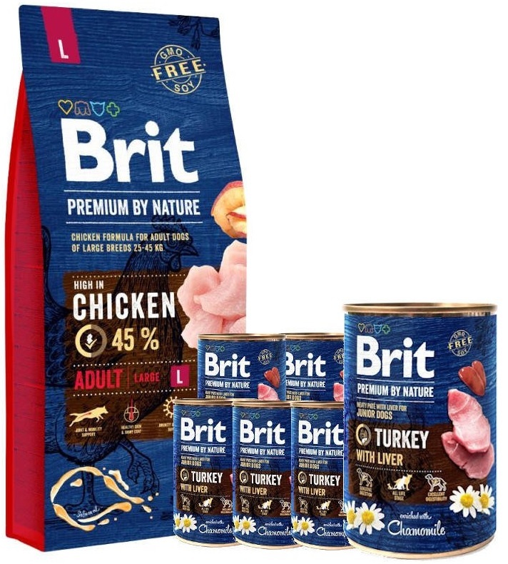 Brit Premium by nature adult Large 15kg + Brit Turkey With Liver 6x400gram