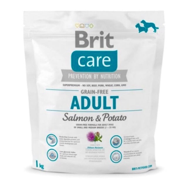 Brit care graanvrij adult 1-25kg zalm&aardappel hypo allergeen 1kg Probeerverpakking