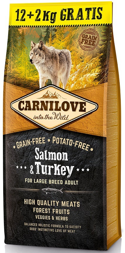 Carnilove adult hondenvoer Zalm&Kalkoen large breed (70% vlees) 12+2kg gratis
