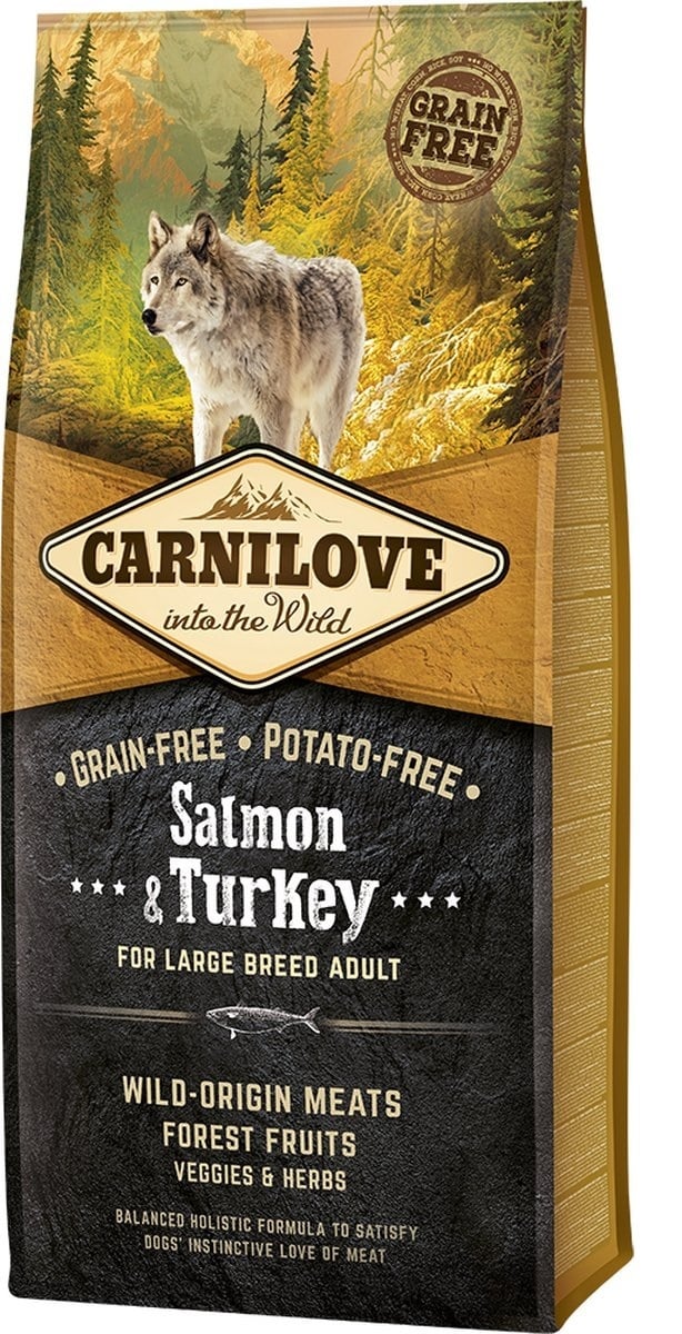 Carnilove adult hondenvoer Zalm&Kalkoen large breed (70% vlees) 12kg + bonus