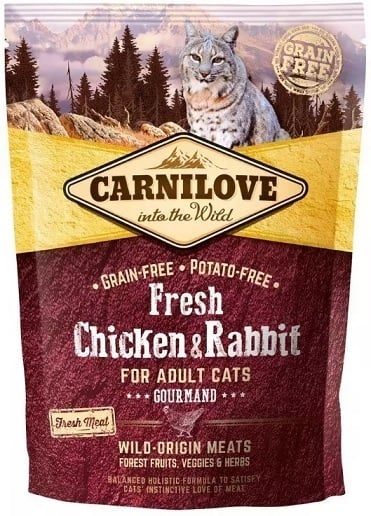 actieprijs a merk Carnilove graanvrij 70% vlees Fresh kip & konijn 400 gr proefverpakking