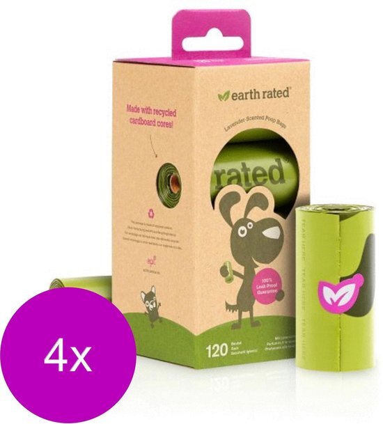 actieprijs Chewies keuze Earth Rated Poepzakjes Navulling Box Lavendel - Hondenpoepzakjes 4 verpakkingen x 8 rollen à 15 zakjes