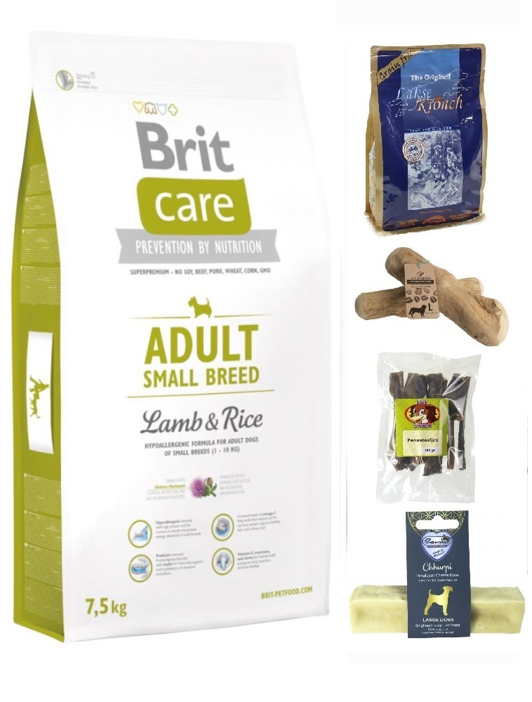 Brit care adult small breed 1-10 kg lam&rijst bundel 7,5kg + pens/ zalm snacks /koffieboomwortel/ yak kluif small
