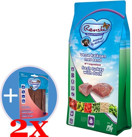 Actie Renske Super premium adult kalkoen/eend 12kg + 2 vleesstrips