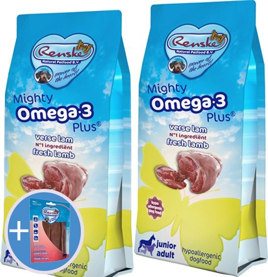 Actie dubbelpack Renske Mighty Omega plus junior/adult lam&rijst 2x15kg + vleesstrips