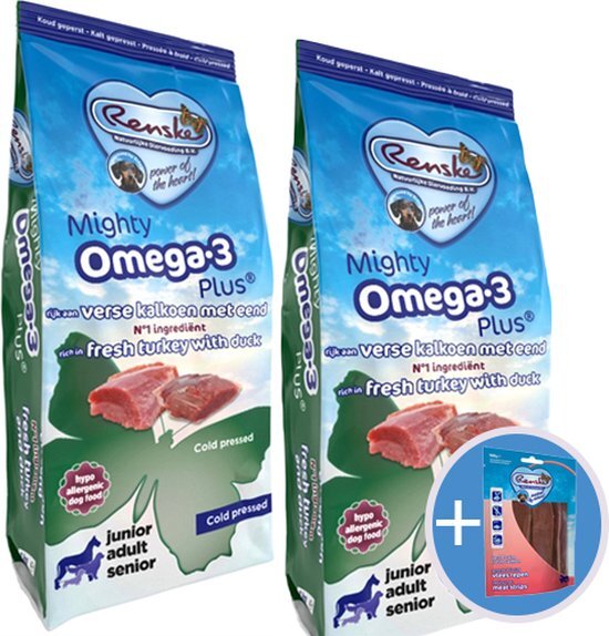 actie dubbelpack Renske mighty omega plus kalkoen/eend geperst 2x15kg + vleesstrips