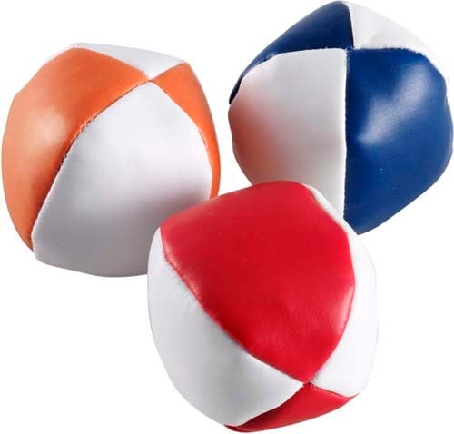 Set van 3 gekleurde jongleerballen in witte pouch.